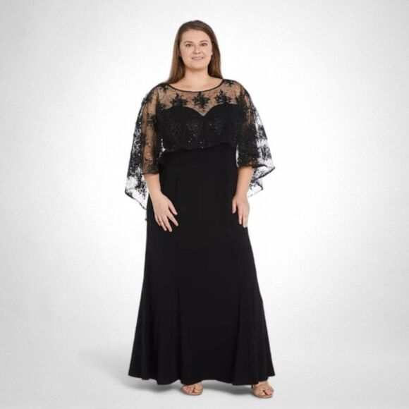 R & M Richards Plus Size Embroidered-Capelet Black Gown, NWT! Size 20W - Picture 1 of 14